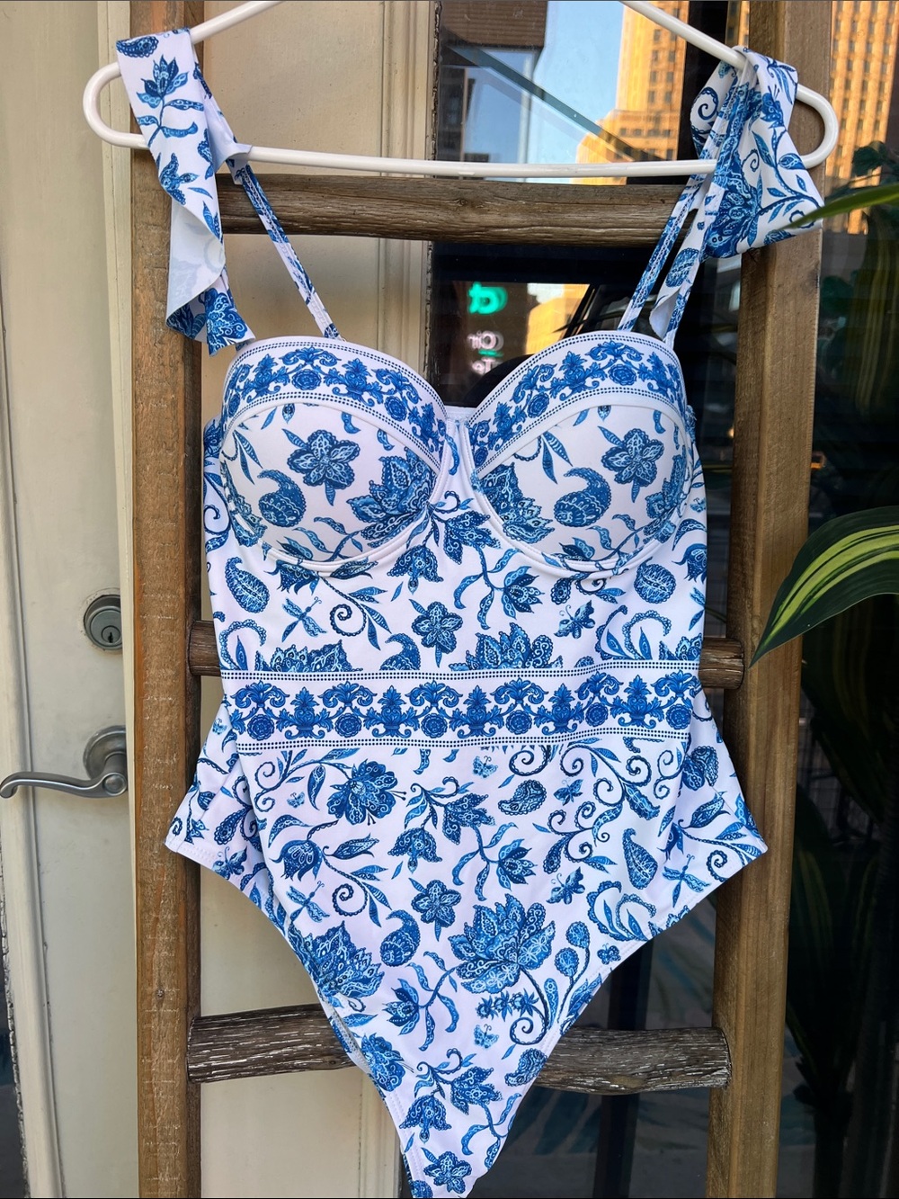 SHEIN White One-Piece Swimsuit with Blue Floral Print